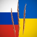 Conflict Ukraine-Russia. Flags of Russia and Ukraine. War in Ukraine. Nail trace. Ragged edges. Red claw animal track