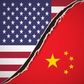 Conflict USA-China. Flags of USA and China. Relationship breakup. Nail trace. Ragged edges. Claw animal track. Vector