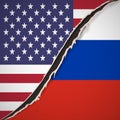 Conflict USA-Russia. Flags of USA and Russia. Relationship breakup. Nail trace. Ragged edges. Claw animal track. Vector