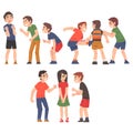 Conflicts Between Children Set, Violent Behavior Among Schoolkids, Mockery and Bullying at School Concept Cartoon Style