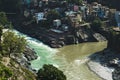 Confluence of the Alaknanda and Bhagirathi rivers to form the Ga