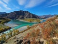 The confluence of two rivers, Katun and Chuya, the famous tourist spot in the Altai mountains, Autumn in Siberia, Russia Royalty Free Stock Photo