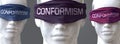 Conformism can blind our views and limit perspective - pictured as word Conformism on eyes to symbolize that Conformism can