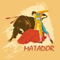 Confrontation with buffalo matador. Illustration for design bullfight tickets, bars, pubs, sports and entertainment.