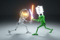 Confrontation cartoon personages bulb light and LED light lamps