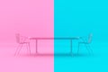 Confrontation Concept. Pink and Blue Chairs and Desk as Duotone Style. 3d Rendering