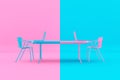 Confrontation Concept. Pink and Blue Chairs, Laptops and Desk as Duotone Style. 3d Rendering Royalty Free Stock Photo