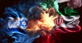 The confrontation between Israel and Iran. Israel and Iran flags in smoke shape on black background. Concept of conflict war. Royalty Free Stock Photo