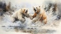 Confrontation in the wild: two polar bears in battle, water splashes, watercolor Royalty Free Stock Photo