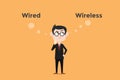 Confuse to choose whether using wired vs wireless for internet connection in the office illustration with white bubble