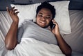 Confused, above and a black woman on a phone call in bed for communication, conversation or a chat. Frustrated, home and Royalty Free Stock Photo