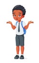 Confused African American school boy shrugging shoulders. Cartoon vector illustration. Royalty Free Stock Photo