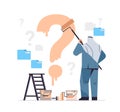 confused arab businessman painting question mark on wall frustration problem solution concept