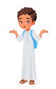 Confused Arab school boy shrugging shoulders. Cartoon vector illustration. Royalty Free Stock Photo