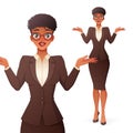 Confused black businesswoman in glasses shrugging shoulders. Isolated vector illustration.