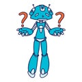 Confused blue robot asking a question.