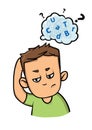 Confused boy with a cloud of mixed letters above his head. Dyslexia and adhd. Flat vector illustration. Isolated on