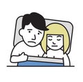 Unhappy young couple in bed, problems, family crisis. Cartoon design icon. Flat vector illustration. Isolated on white Royalty Free Stock Photo