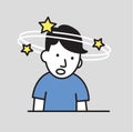 Confused boy seeing spinning stars. Loss of consciousness flat design icon. Flat vector illustration. Isolated on gray