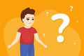 Confused boy standing near large question mark on orange background. Concept of getting knowledge by thoughtful young