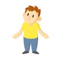 Confused boy standing shrugging his shoulders, cartoon character design. Flat vector illustration, isolated on white Royalty Free Stock Photo