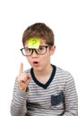 Confused boy thinking with question mark on sticky note on forehead Royalty Free Stock Photo
