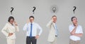 Confused business people with question marks and light bulb on gray background Royalty Free Stock Photo