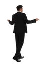 Confused businessman in formal suit on white background, back view Royalty Free Stock Photo