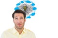 Confused businessman looking light bulb amidst clouds icon Royalty Free Stock Photo