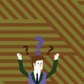 Man in Business Suit Raising Both Arms Upward Looking Confused and Question Marks Above his Head. Creative Background