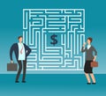 Confused businessman thinking how to pass out maze and get money. Teamwork and career vector concept