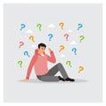 Confused businessman thinking among question marks Royalty Free Stock Photo