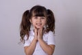 Confused child face. Portrait of little girl holding hands on head, screaming with opened mouth and crazy expression. Royalty Free Stock Photo