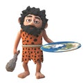 Confused 3d cartoon caveman character displays his model of a flat Earth, 3d illustration