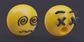 Confused, dizzy face, deadly shock. Smileys with spirals and crosses instead of eyes