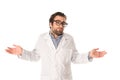 Confused doctor showing shrug gesture isolated