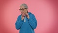 Confused elderly good-looking granny woman pointing fingers herself ask say who why me no thanks Royalty Free Stock Photo