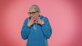 Confused elderly good-looking granny woman pointing fingers herself ask say who why me no thanks Royalty Free Stock Photo