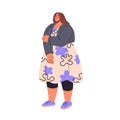 Confused fat woman ashamed about overweight. Plus size girl in casual dress. Shy chubby, plump character. Self