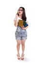 Confused geeky girl, full body isolated