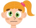 Confused girl face. Little dizzy kid clipart. Messy emotion