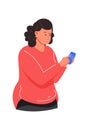 Confused girl looking on screen telephone, flat vector illustration