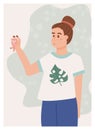 Confused girl with menstrual cup standing in the bathroom. Concept of lack of information about menstruation period. Importance of