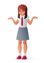 Confused girl in school uniform shrugging shoulders. Isolated vector illustration.