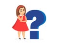 Confused girl standing near large blue question mark on white background. Concept of getting knowledge by thoughtful