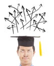 Confused graduate looking direction arrow