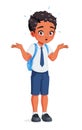 Confused Indian school boy shrugging shoulders. Cartoon vector illustration.