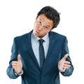 Confused, joke and portrait of businessman in studio with comic and meme face expression. Young, suit and Asian male