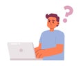 Confused male programmer with laptop semi flat color vector character