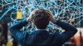 Confused man analyzing chaotic web of connections, business environment, stress Royalty Free Stock Photo